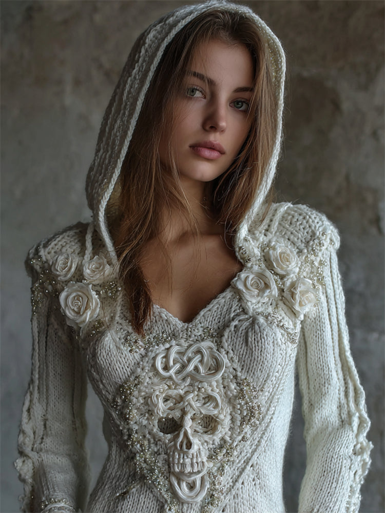 Comstylish Vintage White Roses Celtic Skull Beaded Hooded Cozy Knit Sweater