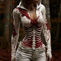 Comstylish Women's Vintage Halloween Skeleton & Rose Art Zipper Hooded Sweater