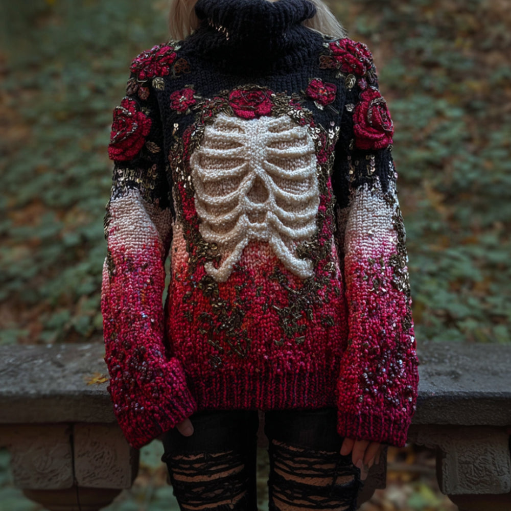 Comstylish Women's Halloween Anatomy Art And Flower Gradient 3d Knitted High Collar Sweater
