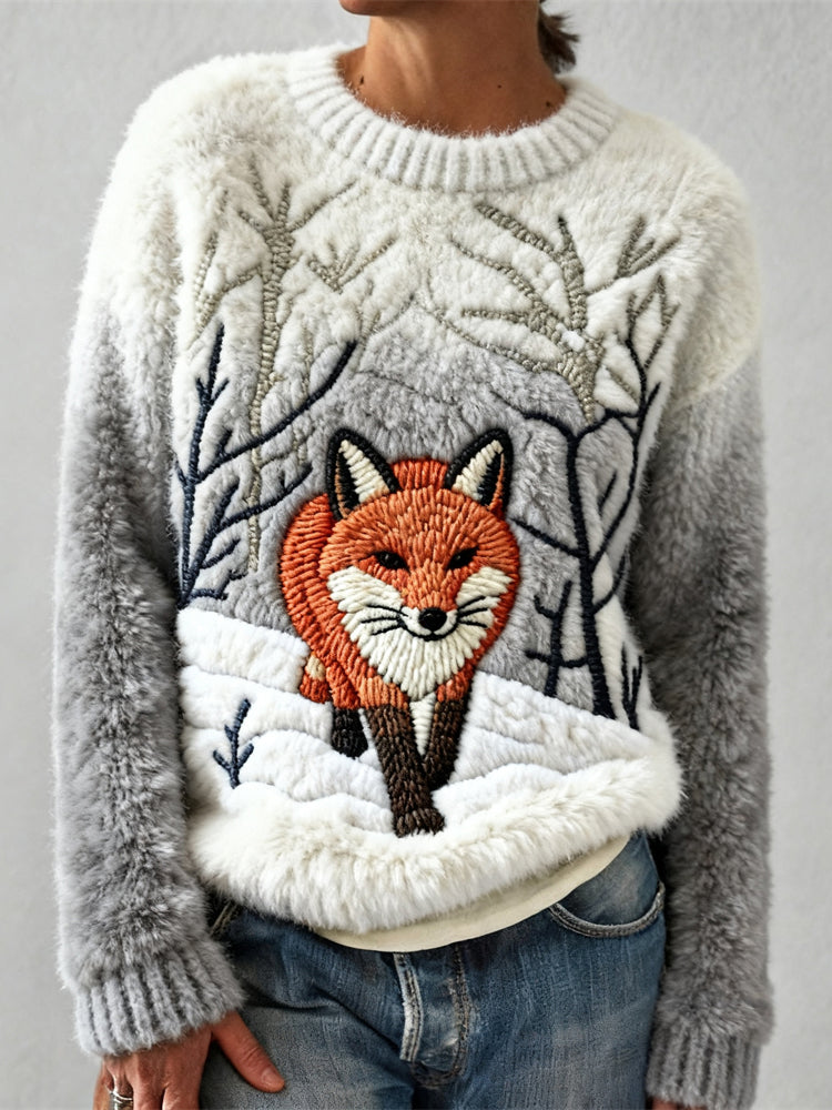 Snowy Forest Fox Pattern Women's Cozy Flannel Sweater