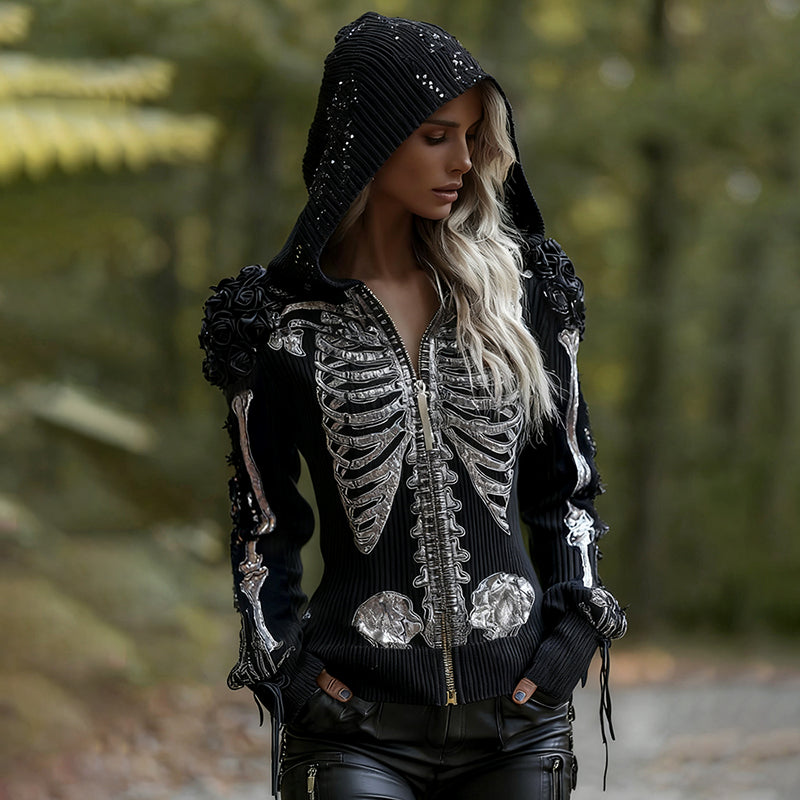 Comstylish Women's Vintage Skeleton Rose Gothic Art Zipper Knit Hooded Sweater