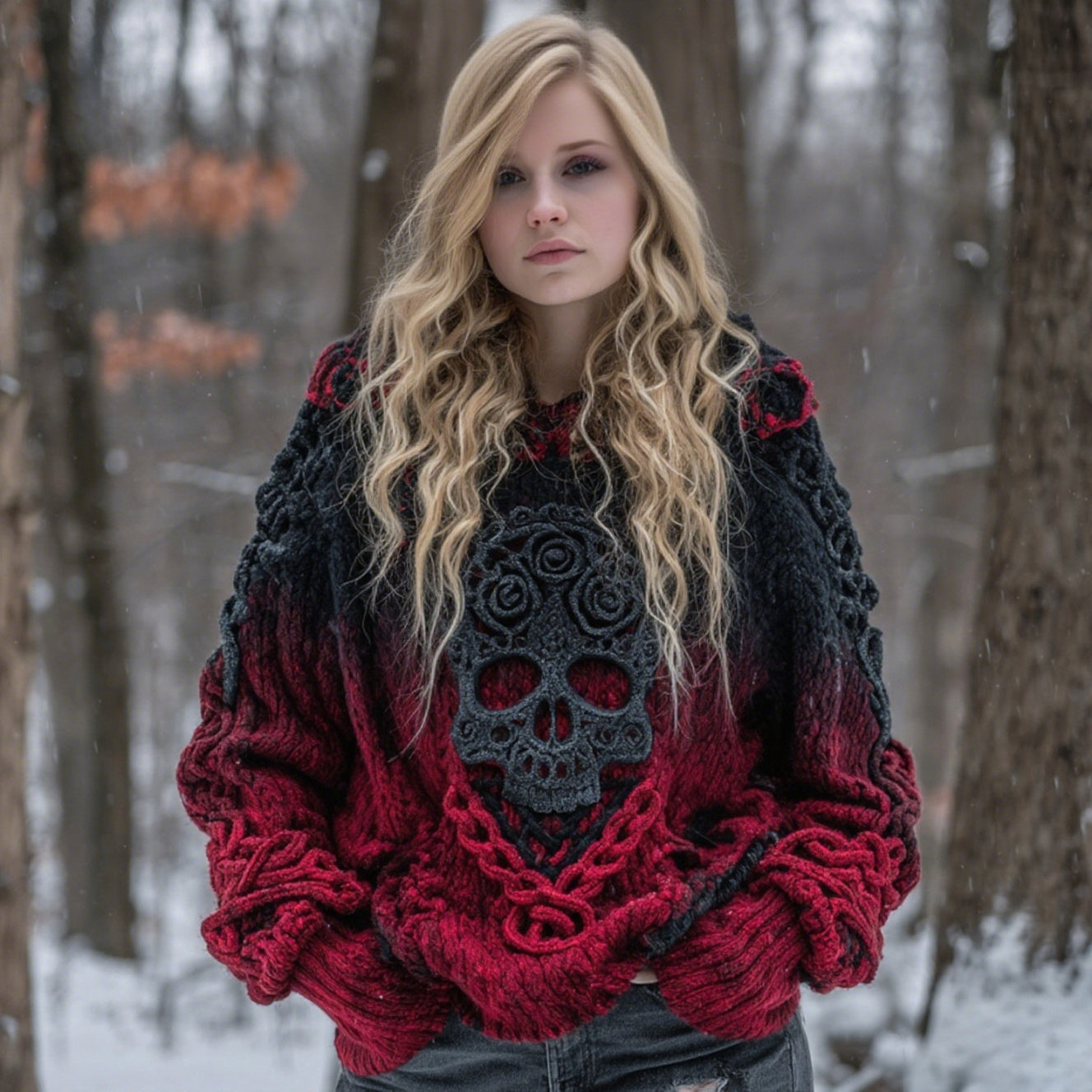 Women's Women's Halloween Rose Celtic Skull Gradient Art Knit Jacquard Crew Neck Sweater artswardrobe