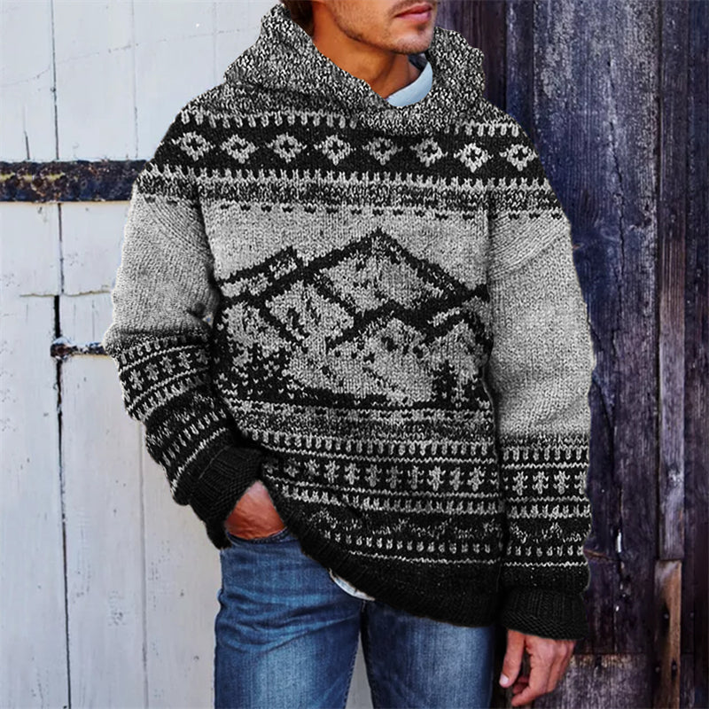 Men's Mountains Landscape Western Aztec Knit Cozy Hooded Sweater artswardrobe