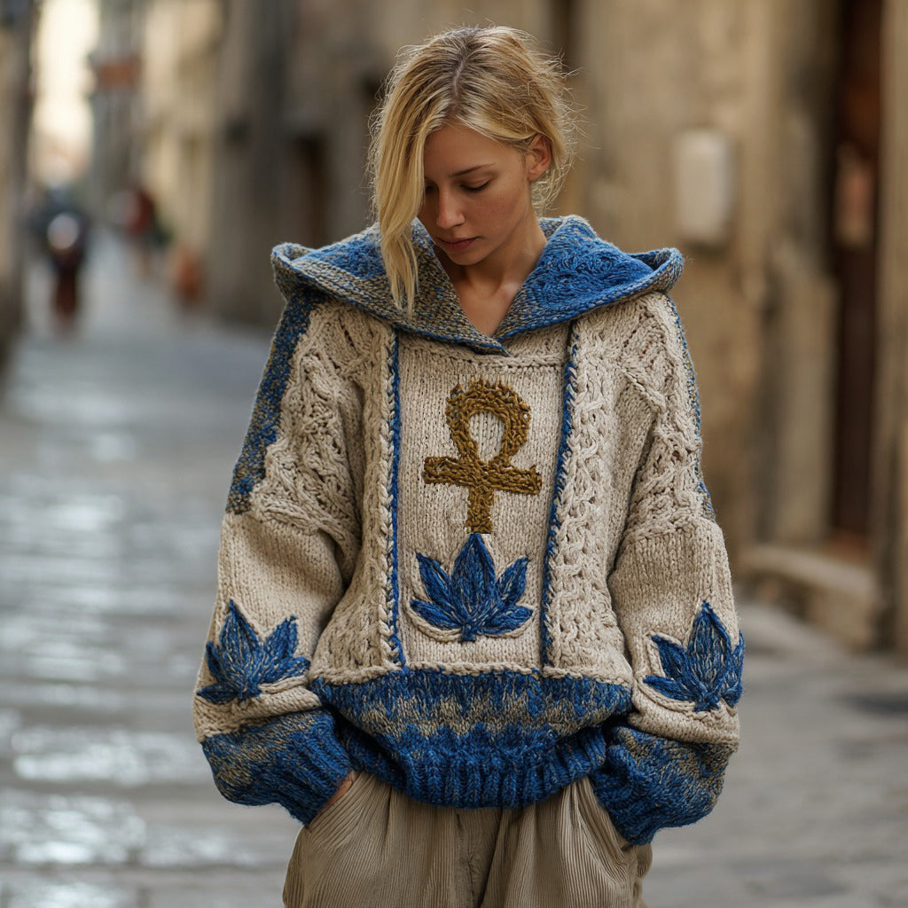 Women's Ancient Egyptian Ankh And Lotus Knitted Hooded Sweater elevenforest