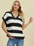 Simona® | Full size striped short sleeve V-neck sweater from Double Take