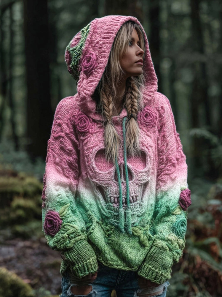 Women's Vintage Viking Skull And Rose Gradient Art Knit Hooded Sweater artswardrobe