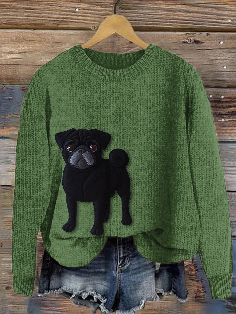 Comstylish Lively Pug Dog Felt Art Cozy Knit Sweater