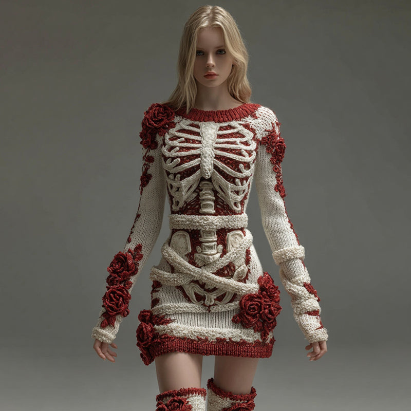Comstylish Women's Halloween Skeleton Bones With Rose Art Cozy Knit Mini Sweater Dress