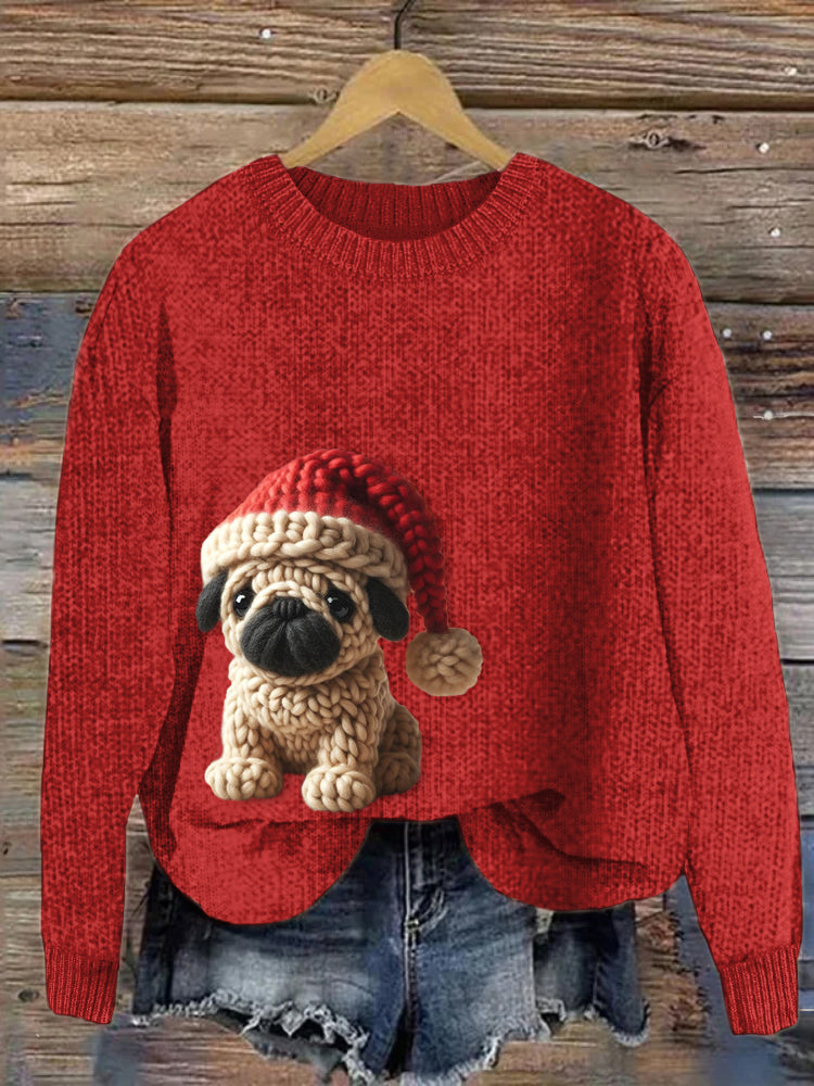 Comstylish Christmas Pug Dog Crochet Art Cozy Knit Sweater