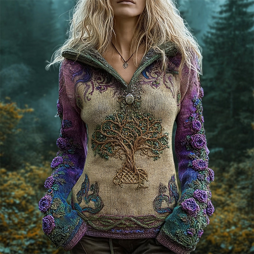 Vintage Viking Tree Of Life Knit Embroidered Women's Stand-up Sweater artswardrobe