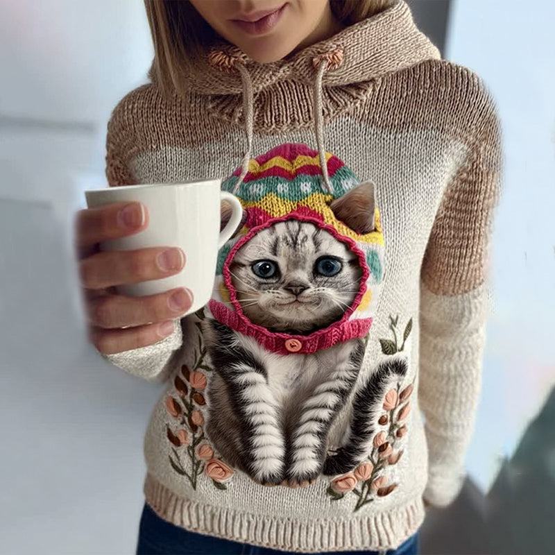 Comstylish Women's Cute Winter Strawberry Cat Art Knitted Warm Sweater