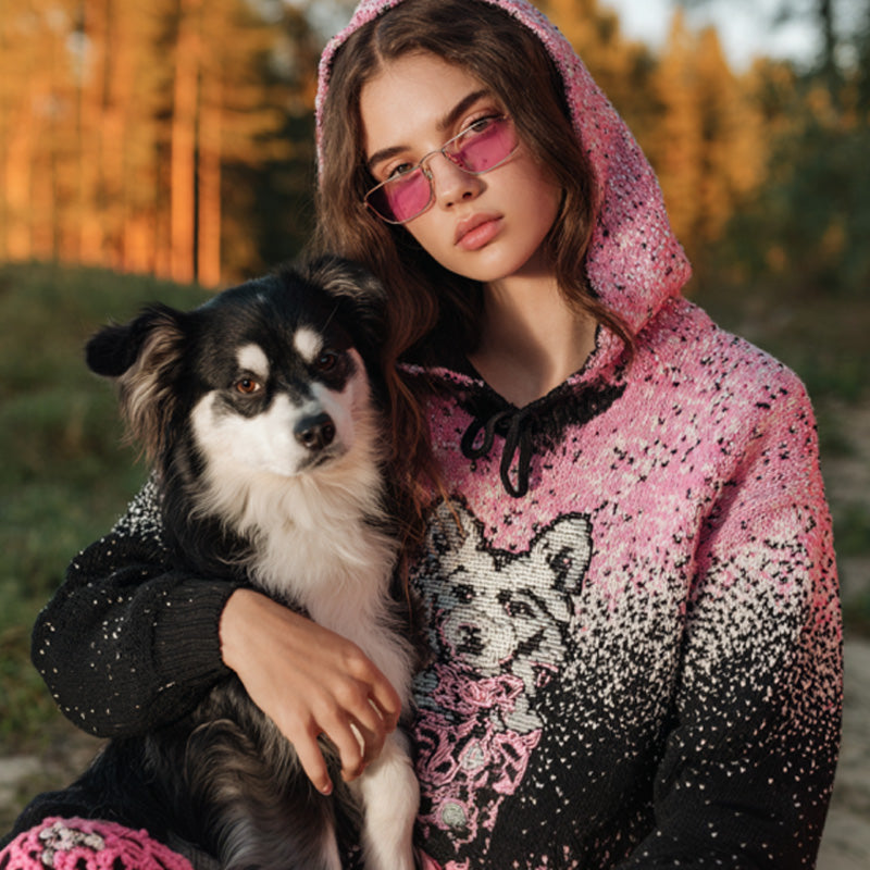 Women's Vintage Dog Embroidered Hooded Sweater elevenforest