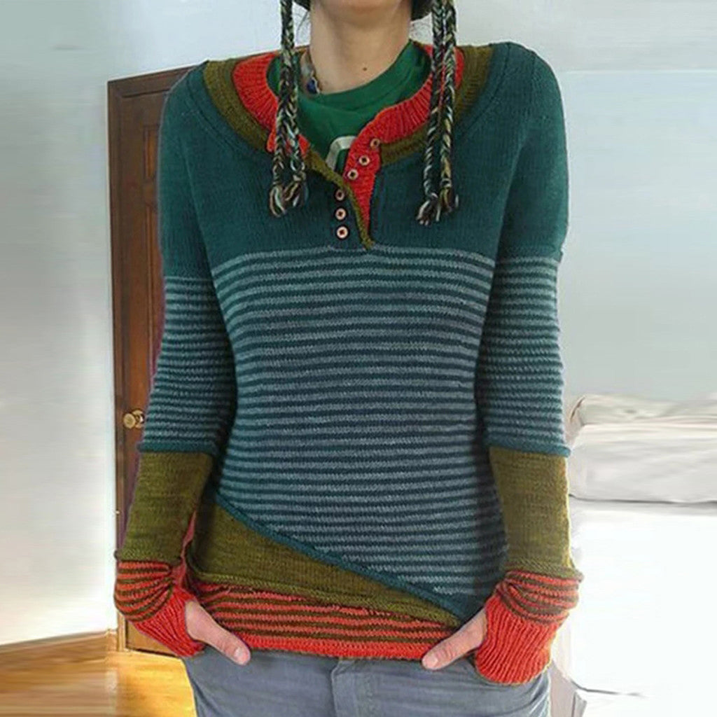 Vintage Striped Colorblock Single Breasted Sweater elevenforest
