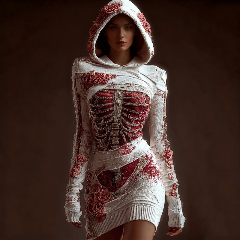 Comstylish Classy Skeleton Anatomy Bloody Roses Bandages Hooded Sweater Dress