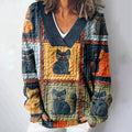 Comstylish Women's Vintage Cat Knit V Neck Cozy Sweater
