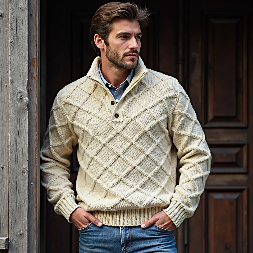 Men's Plaid Jacquard Button Stand Collar Sweater artswardrobe