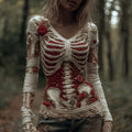 Comstylish Women Halloween Skeleton Rose Vintage Bandage V-neck Sweater