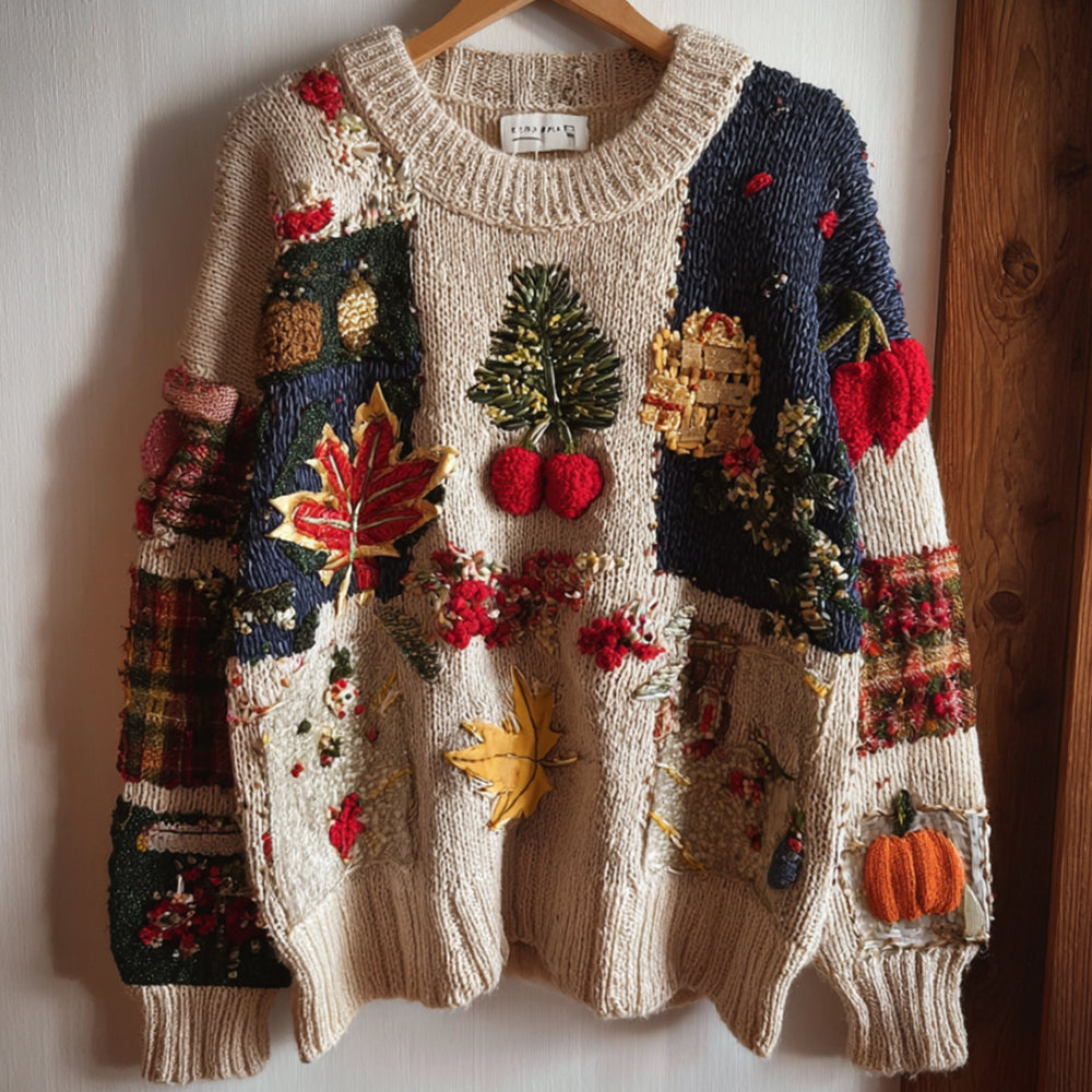 Comstylish Thanksgiving Plant Flower Splicing Autumn/winter Round Neck Sweater