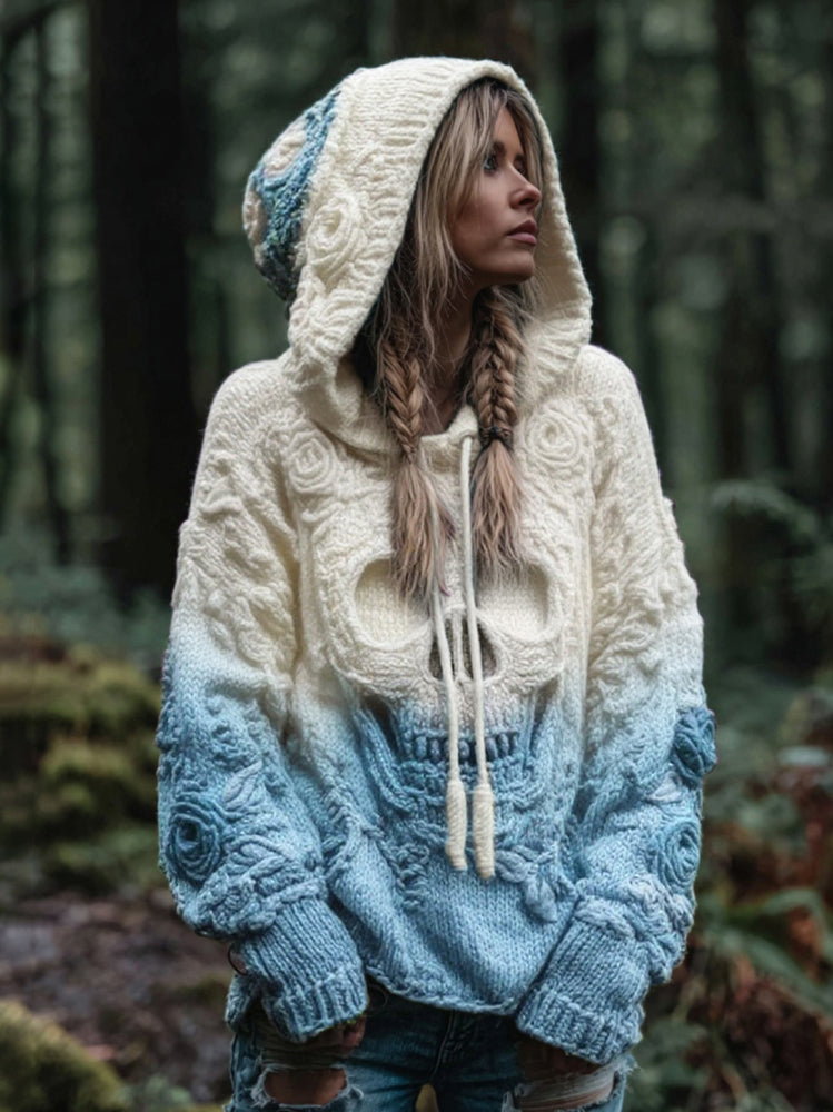 Women's Vintage Viking Skull And Rose Gradient Art Knit Hooded Sweater artswardrobe