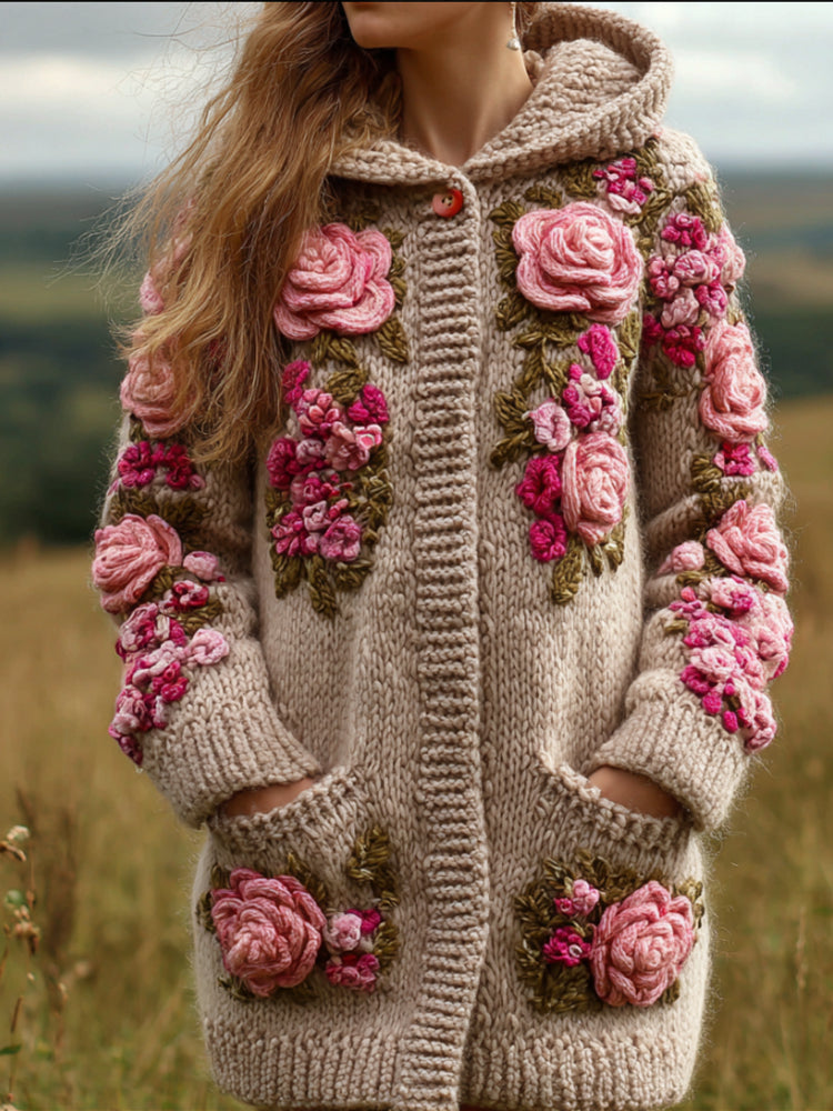 Women's Three-dimensional Flower Pattern Vintage Mid-length Hooded Sweater artswardrobe