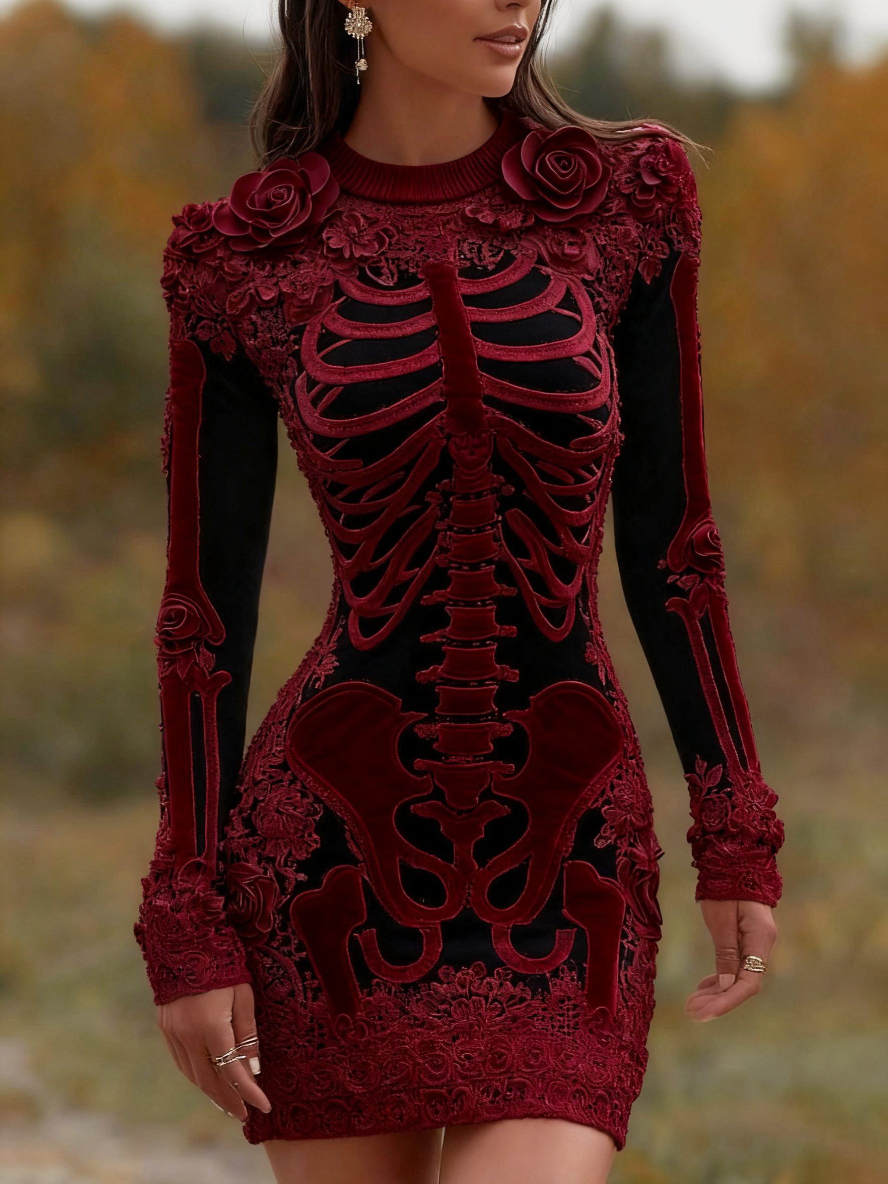 Comstylish Women's Vintage Halloween Skeleton Bones With Rose Art Cozy Knit Mini Sweater Dress