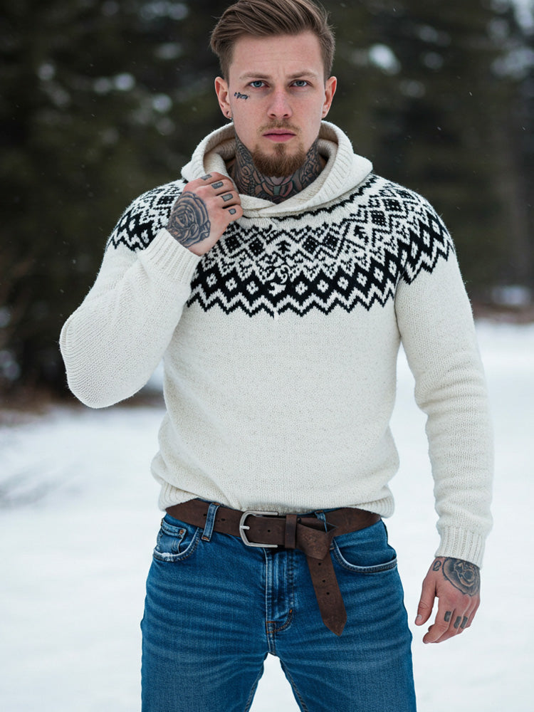 Men's Vintage Viking Inspired Celtic Jacquard Hooded Sweater artswardrobe