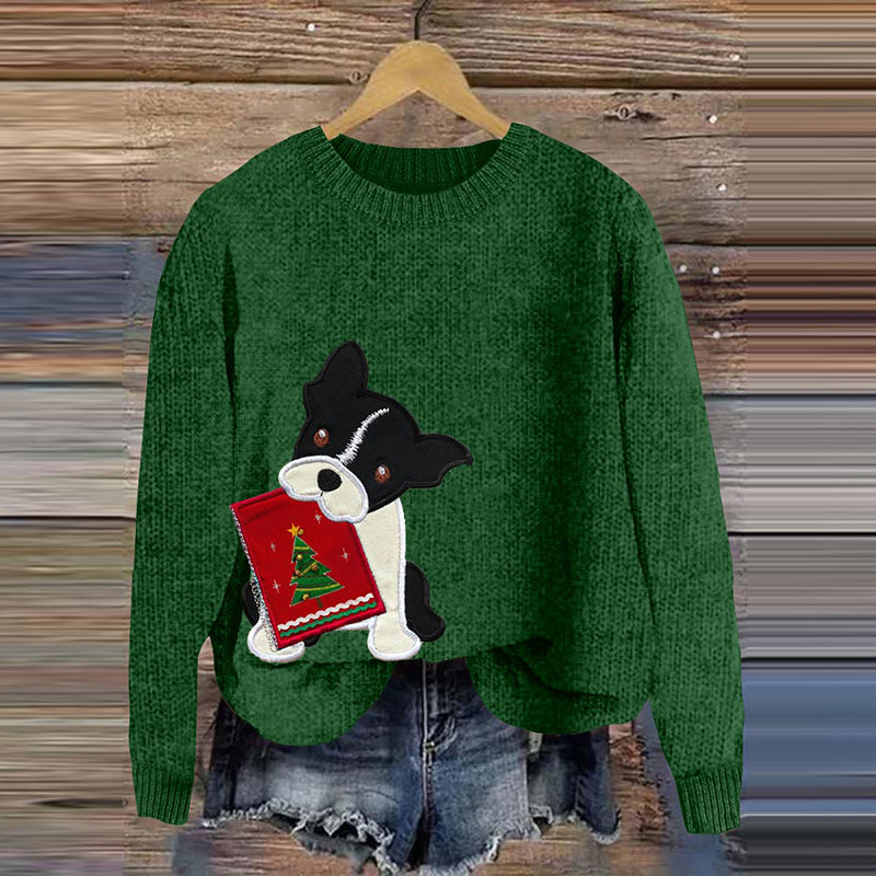 Comstylish Funny Christmas Tree Boston Terrier Applique Art Cozy Sweater