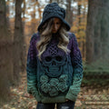 Women's Viking Tribal Jacquard Celtic With Rose And Skull Inspired Chunky Knit Hooded Sweater artswardrobe