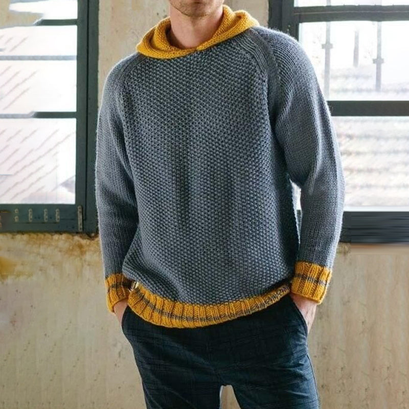 Men'S Vintage Woven Knit Contrast Jacquard Hooded Sweater elevenforest
