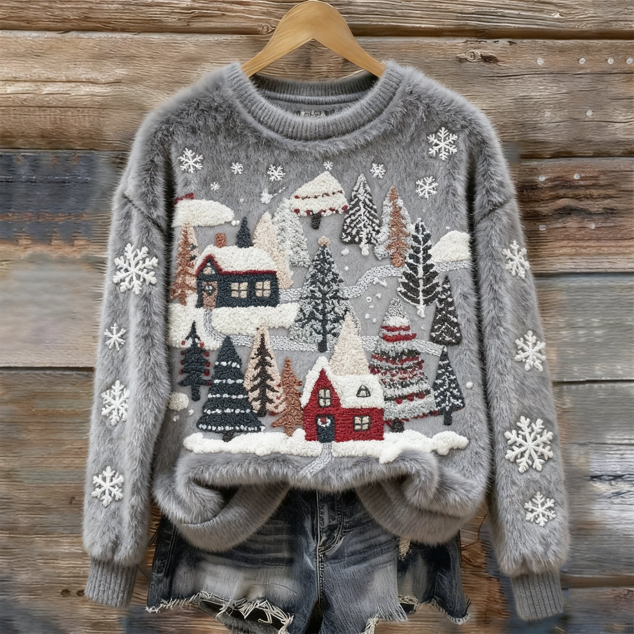 Women's Christmas Snow Scene Embroidery Cozy Plush Sweater elevenforest