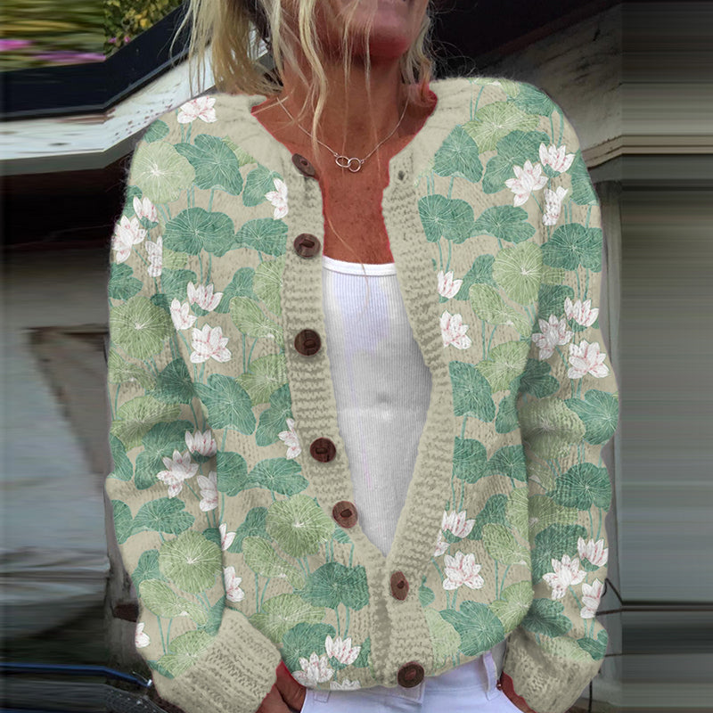 Vintage Water Lily Art Knitted Jacquard Sweater artswardrobe