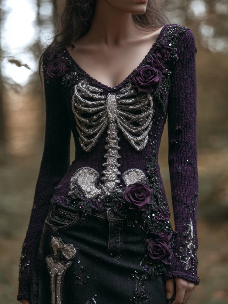 Comstylish Women's Halloween Skeleton Withered Rose Purple V-neck Sweater