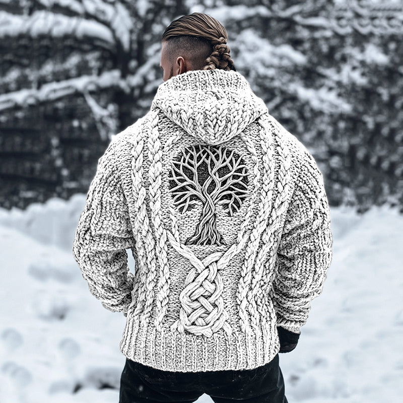 Men's Viking Tribal Tree Of Life Celtic Chunky Knit Hooded Sweater artswardrobe