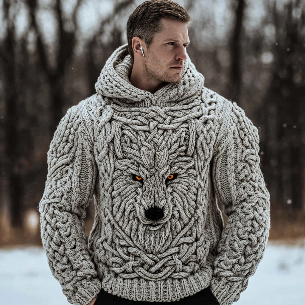 Men's Viking Celtic Wolf Knit Chunky Hooded Sweater artswardrobe