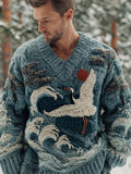 Vintage Japanese Crane & Ocean Art Men's Chunky Knit V-neck Sweater artswardrobe