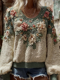 Comstylish Bohemian Style Plant And Flower Embroidery Pattern Women's Round Neck Knitted Sweater