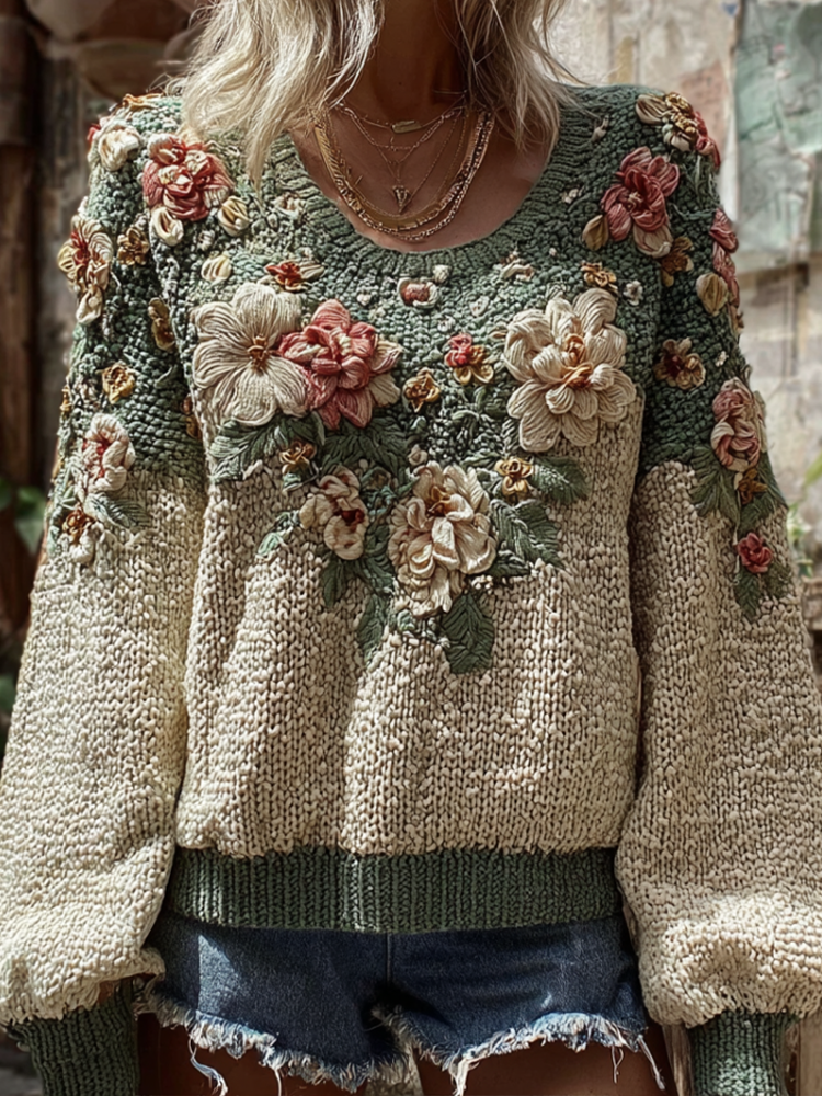 Comstylish Bohemian Style Plant And Flower Embroidery Pattern Women's Round Neck Knitted Sweater