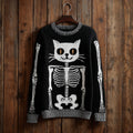 Halloween Cat Skull Art Black Round Neck Sweater artswardrobe