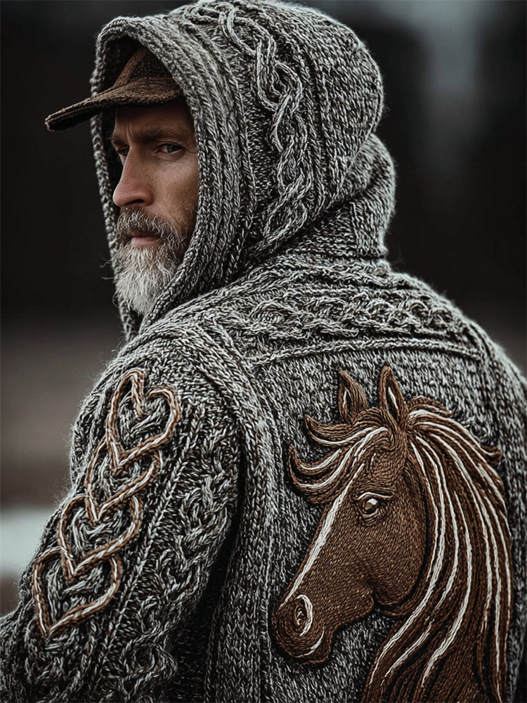 Men's Vintage Horse Crochet Celtic Cozy Knit Hooded Sweater elevenforest