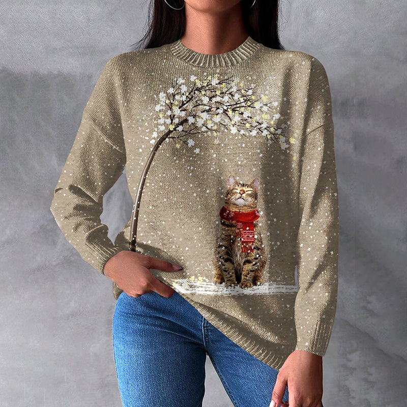 Comstylish Women's Sweater With Cat Print Under The Christmas Tree