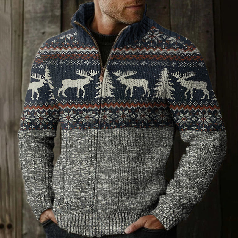 Men's Retro Tribal Reindeer Merry Christmas Deer Pattern Zipper Sweater artswardrobe