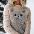 Comstylish Cute Fuzzy Cat Embroidered Crew Neck Cozy Sweater
