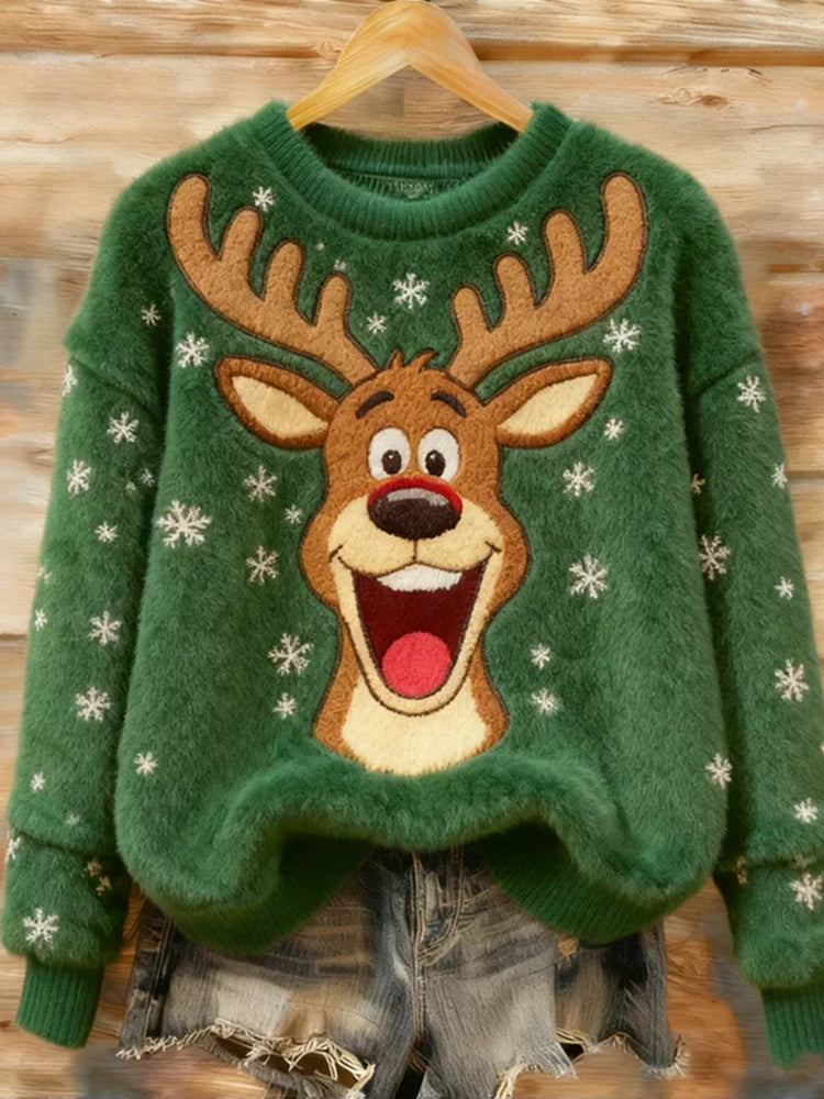 Comstylish Surprised Christmas Reindeer Flannel Crew Neck Sweater