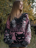 Women's Vintage Halloween Black Cat Knit Hoodie Sweater elevenforest