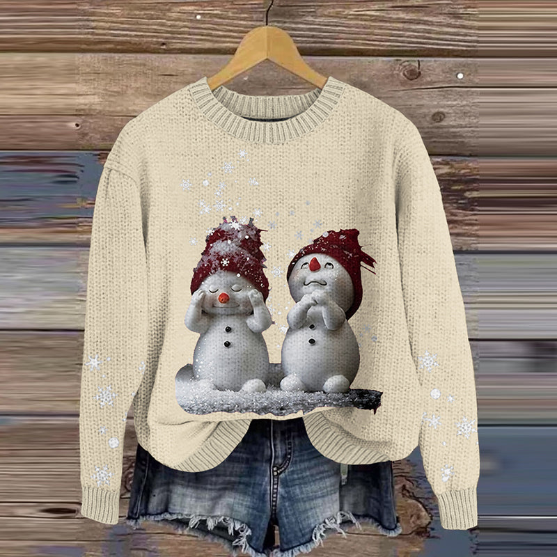 Comstylish Vintage Christmas Cute Snowman Printed Pattern Style Knitted Warm Sweater