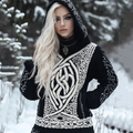 Women's Viking Style Celtic Knot Knitted Jacquard Hooded Sweater artswardrobe