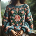 Classic Thick Knitted Crochet Floral Contrast Sweater artswardrobe