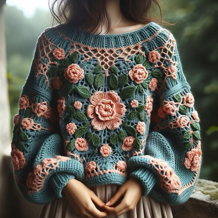 Classic Thick Knitted Crochet Floral Contrast Sweater artswardrobe