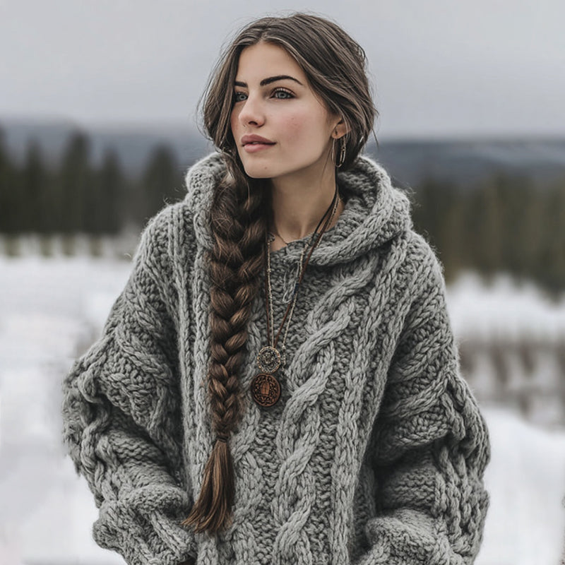 Women's Vintage Knit Aran Cozy Hooded Sweater artswardrobe