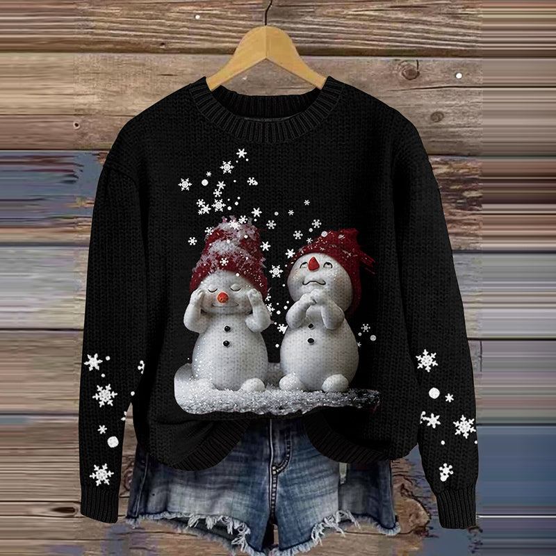 Comstylish Vintage Christmas Cute Snowman Printed Pattern Style Knitted Warm Sweater